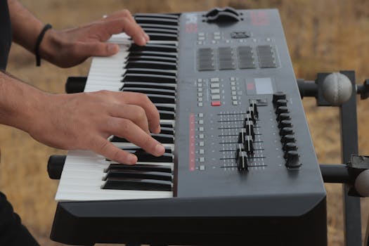 Close-up of a musician playing a keyboard outdoors in Qazvin Province, Iran.