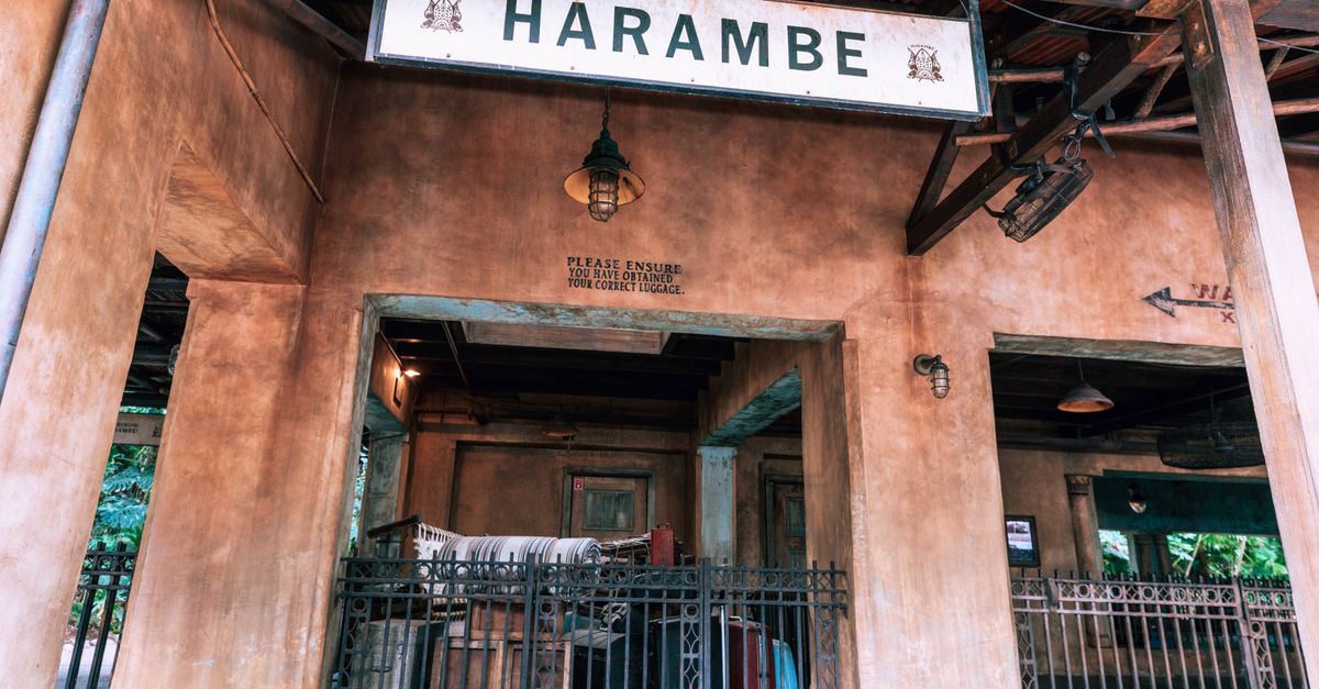 Entrance to Harambe with a rustic theme park design in Bay Lake, Florida, USA.