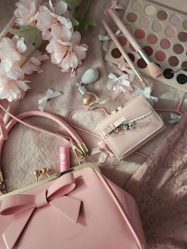 Chic pink accessories and cosmetics flat lay, perfect for feminine style inspiration.