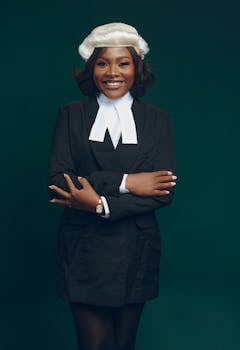 Confident female lawyer posing in traditional court attire against a dark green background.