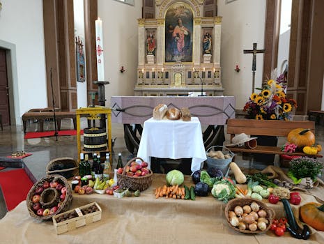 Vibrant harvest festival display with fruits, vegetables, and altar decorations in a church.