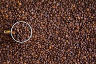 自上而下视角下，乡村咖啡豆背景上装满咖啡豆的咖啡杯