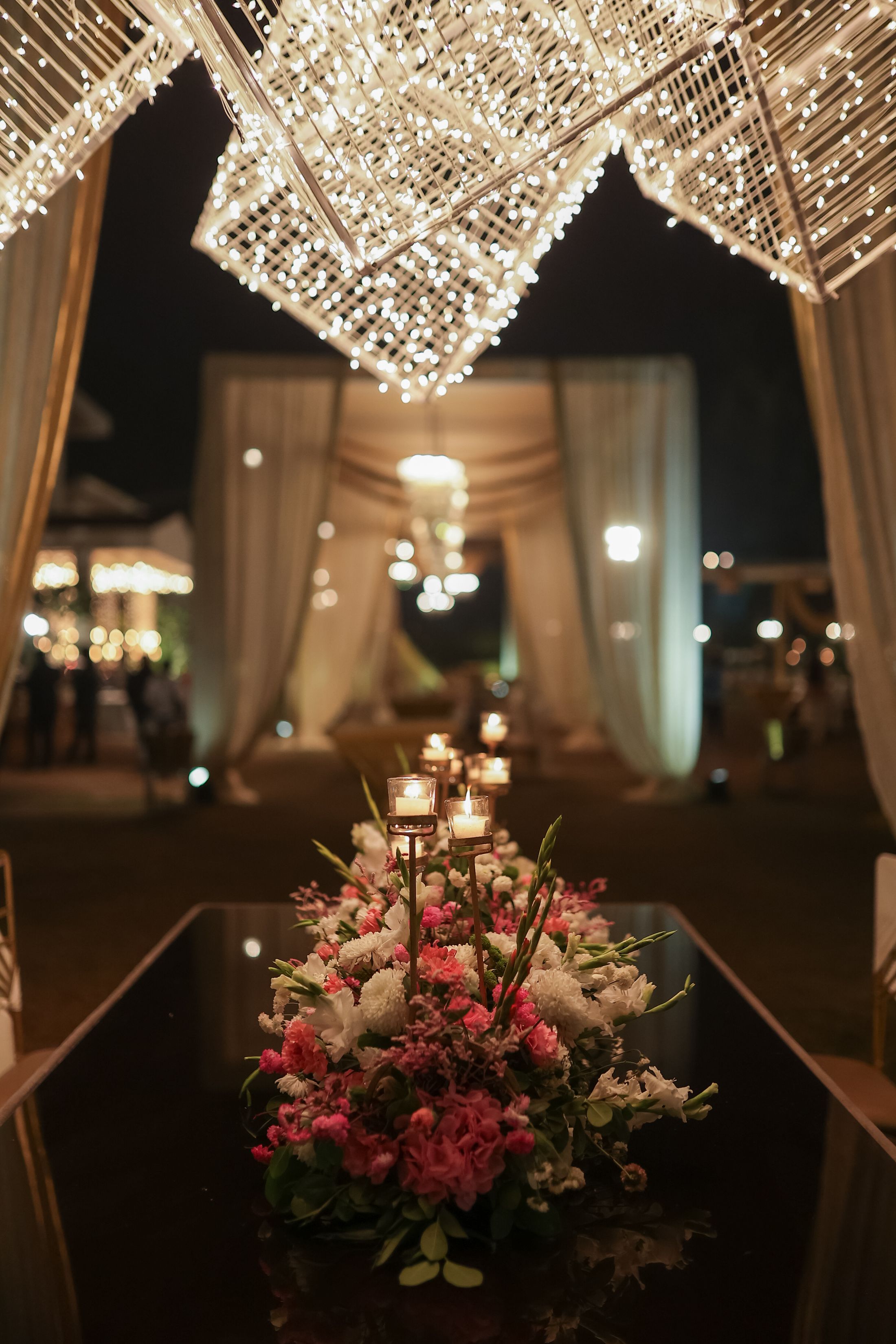 Contemporary evening event dining setup