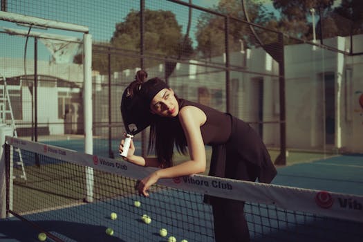 A young woman posing on a tennis court, showcasing a stylish sports outfit and enjoying a sunny day at Vibora Club.