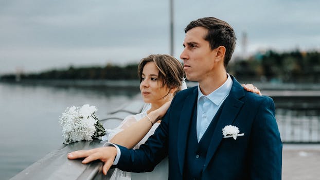 Elegant couple standing by the lake, enjoying a serene moment together.