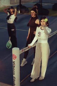 Three women playing paddle tennis on a vibrant court, showcasing athleticism and fashion in Baghdad.
