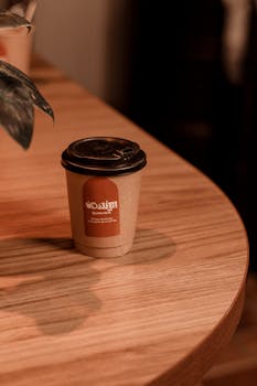 A takeaway coffee cup with text, placed on a wooden table indoors in Kermanshah, Iran.