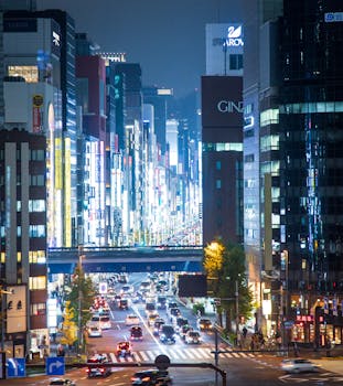 Explore the lively and illuminated cityscape of Tokyo's Ginza district at night, showcasing urban energy.