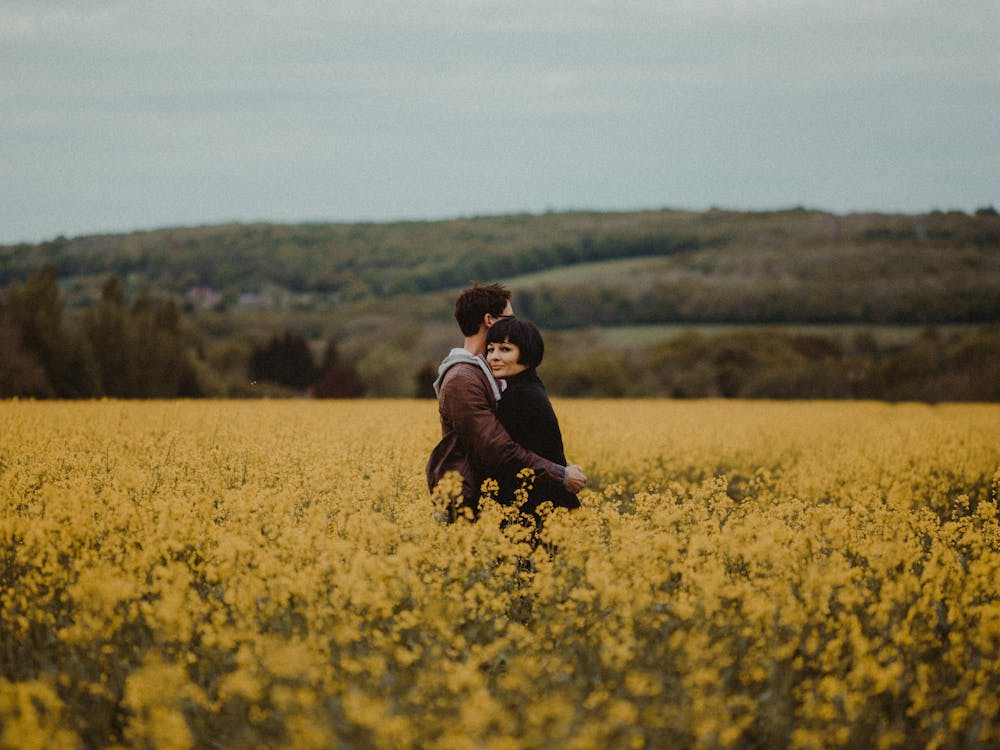 Free Couple Hugging in the Middle of Flower Field Stock Photo