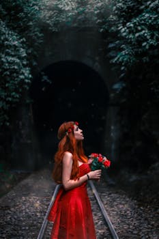 一位身着红色连衣裙的优雅女子，捧着鲜花，在黑暗的隧道旁摆姿势