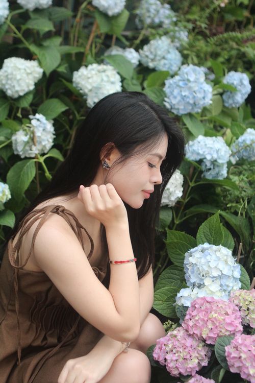 Free A woman in a brown dress poses gracefully among blooming hydrangeas, showcasing beauty and nature. Stock Photo