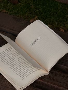 An open book on a wooden bench in an outdoor setting, pages turning. — photo by Melike  B