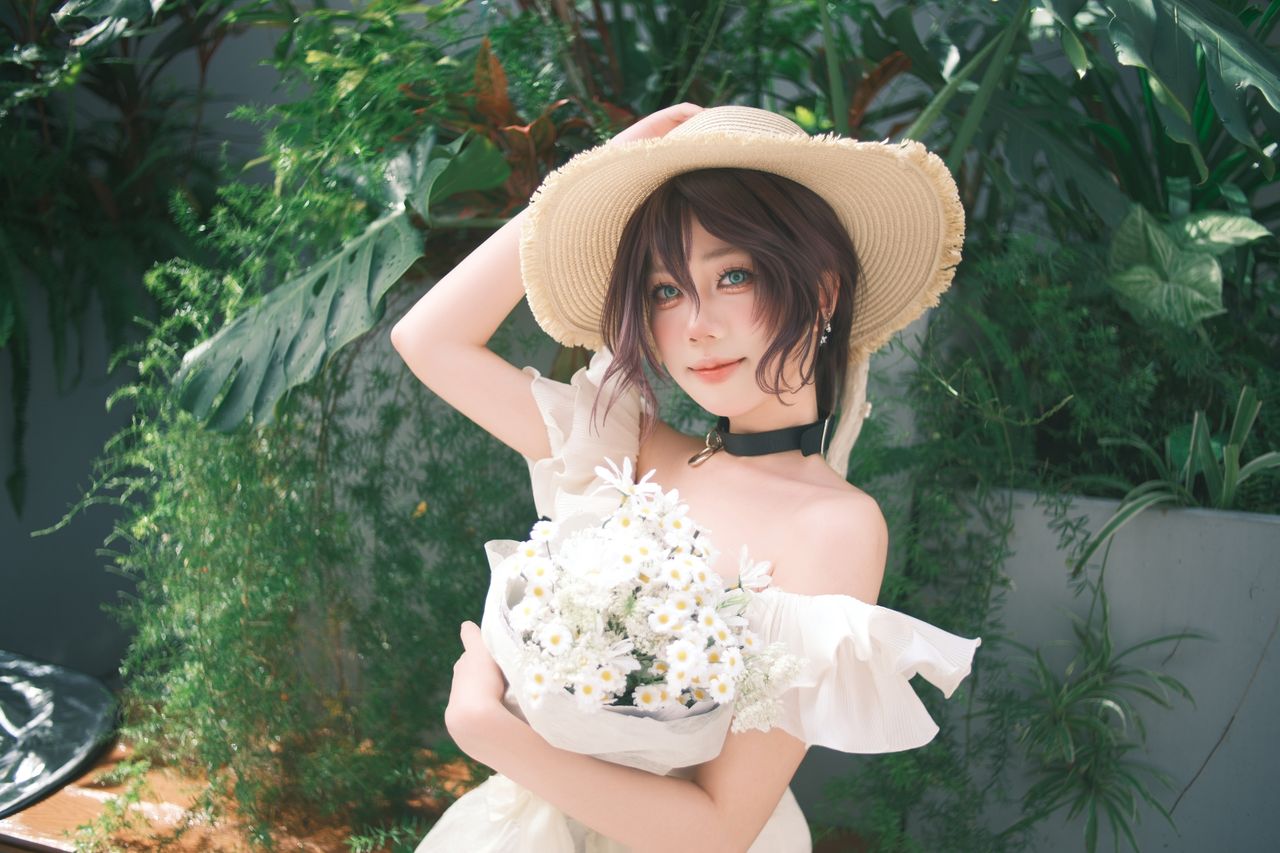 a woman in a straw hat holds a bouquet of daisies in a lush garden set