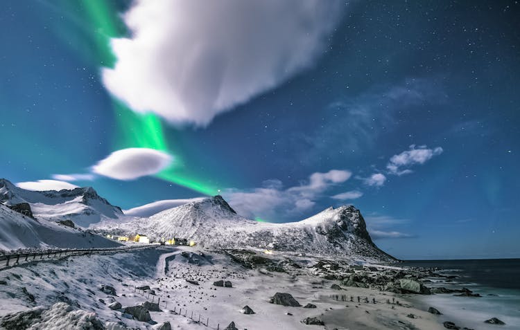 Scenic View Of Snow Capped Mountains During Night