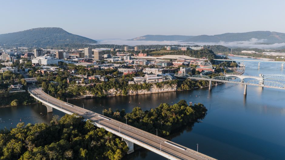 Stunning Ridge Runner Smoky Mountain Helicopter Tour Review: An Unforgettable Tennessee Adventure Review 2026 - Stunning aerial view of Chattanooga's skyline with bridges and mountains in the background.
