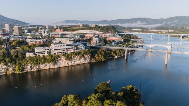 Stunning aerial shot of Chattanooga, Tennessee featuring iconic bridges and the Tennessee River.