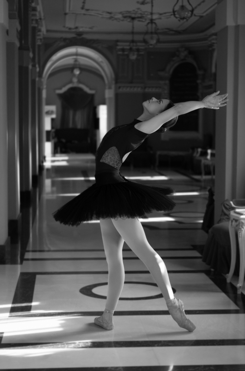 Free Elegant black and white photo of a ballet dancer performing gracefully in a luxurious interior. Stock Photo