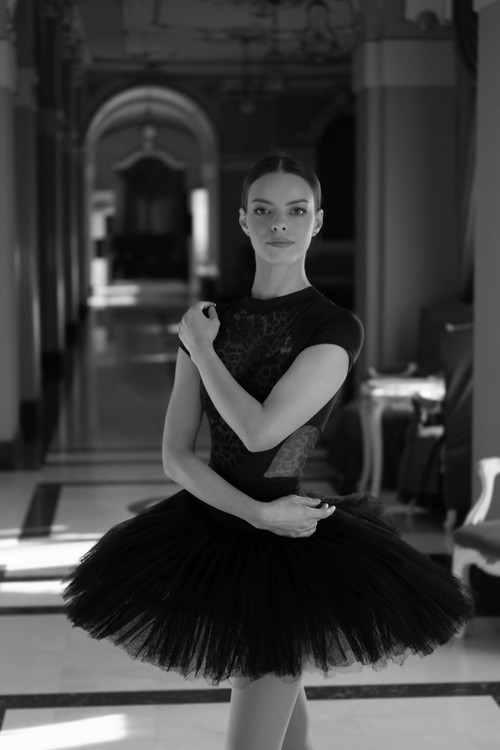 Free Ballet dancer gracefully posing in a historic, elegant hallway, captured in black and white. Stock Photo