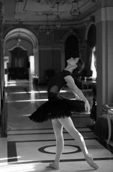 Ballet dancer in a graceful pose inside an ornate venue. Black and white art.