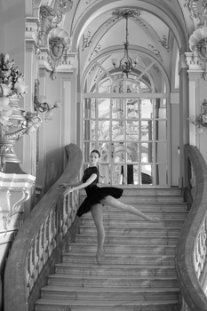 Ballet dancer in black tutu gracefully poses on a grand staircase, exuding elegance.