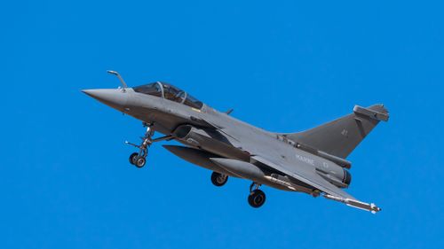 Free A Dassault Rafale jet, associated with marine aviation, flying in Los Llanos, Spain. Stock Photo