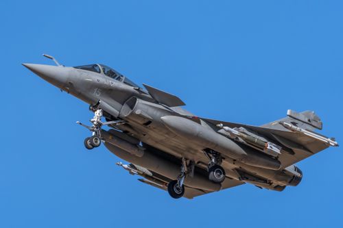 Free Dassault Rafale jet aircraft flying over Los Llanos, Spain. Stock Photo