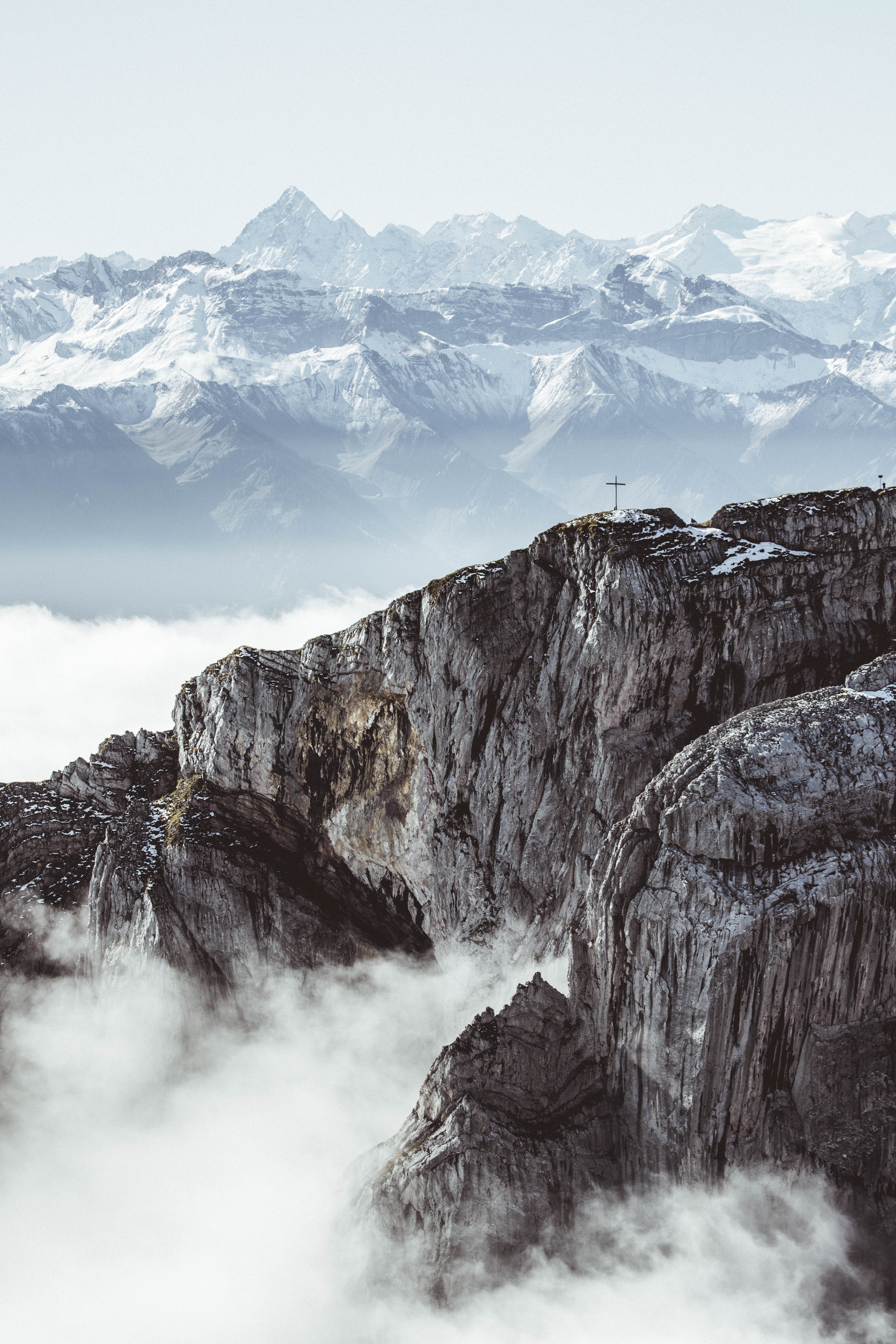 Breathtaking view of snow-covered peaks in the Swiss Alps seen from Alpnach, Switzerland.
