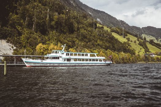 Passenger boat sailing on scenic Lake Alpnach with lush Swiss mountains in the background.