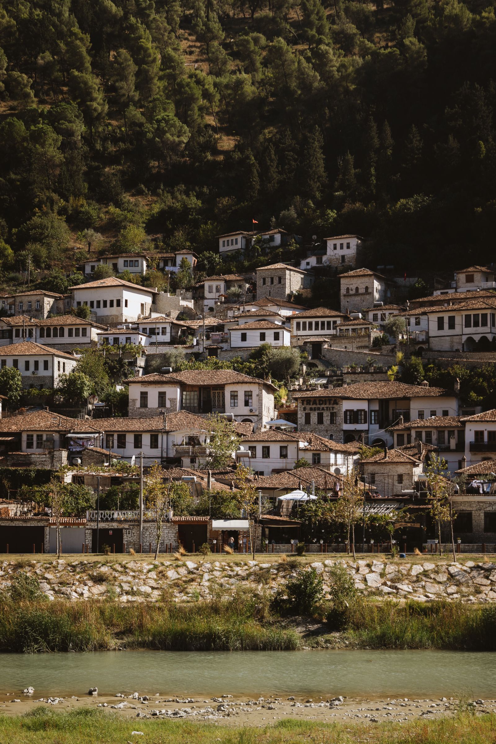 Ottoman houses on the wooded hillside of Berat above the Osum River, Albania