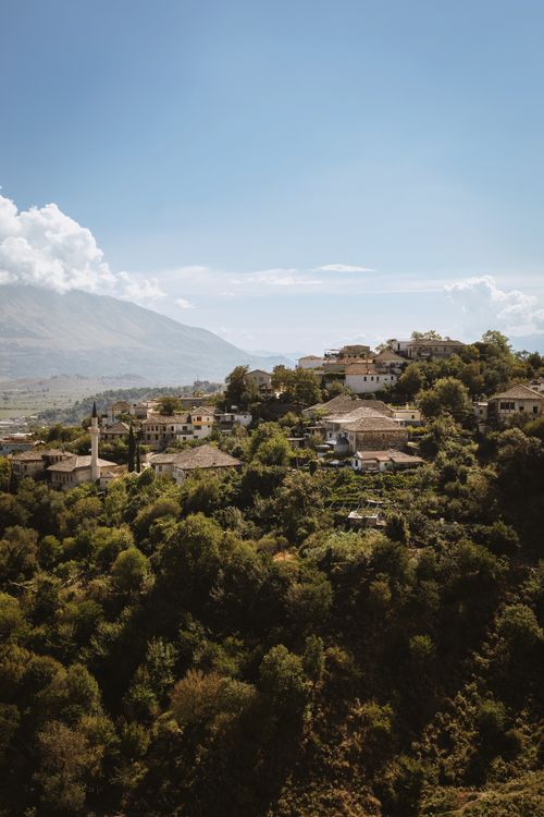 Free A scenic view of hillside houses in Gjirokastër, capturing the charm of southern Albania's architecture. Stock Photo