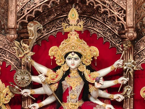 Intricate Durga idol showcasing divine elegance and traditional artistry during the vibrant Durga Puja festival.