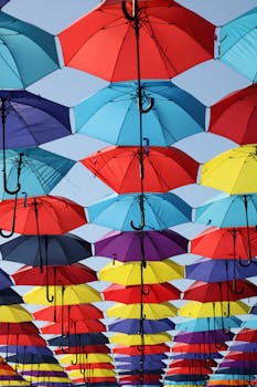 A vibrant display of colorful umbrellas suspended in the sky creating a stunning visual in Kahramanmaraş, Türkiye.