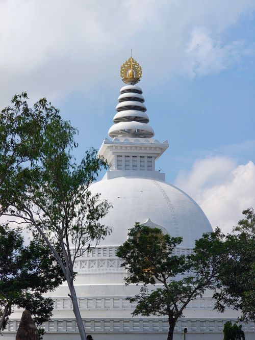 Free A stunning white stupa surrounded by trees set against a bright blue sky. Stock Photo
