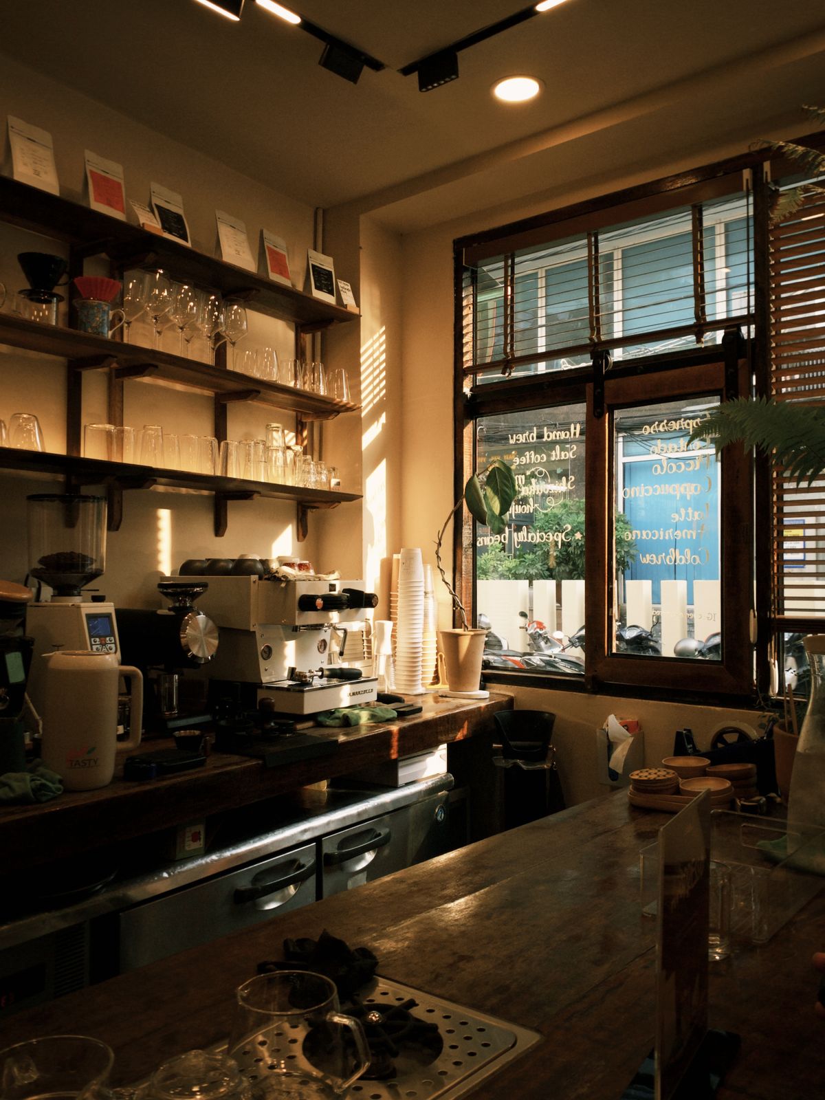 Sunlight across an espresso machine and coffee shop counter
