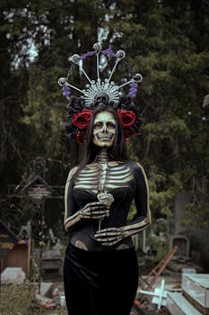 Woman in skeleton makeup with elaborate headpiece stands in a graveyard setting, evoking Halloween vibes.