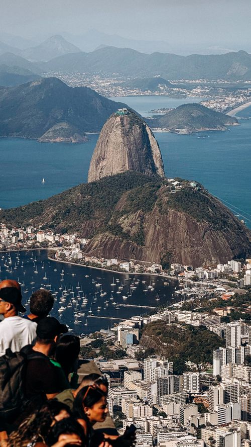Free Spectacular aerial view of Sugarloaf Mountain and Guanabara Bay in Rio de Janeiro on a clear day. Stock Photo
