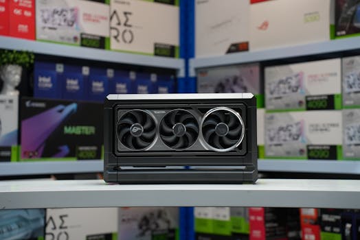 Close-up of a high-performance gaming graphics card in a store setting, ideal for technology enthusiasts.