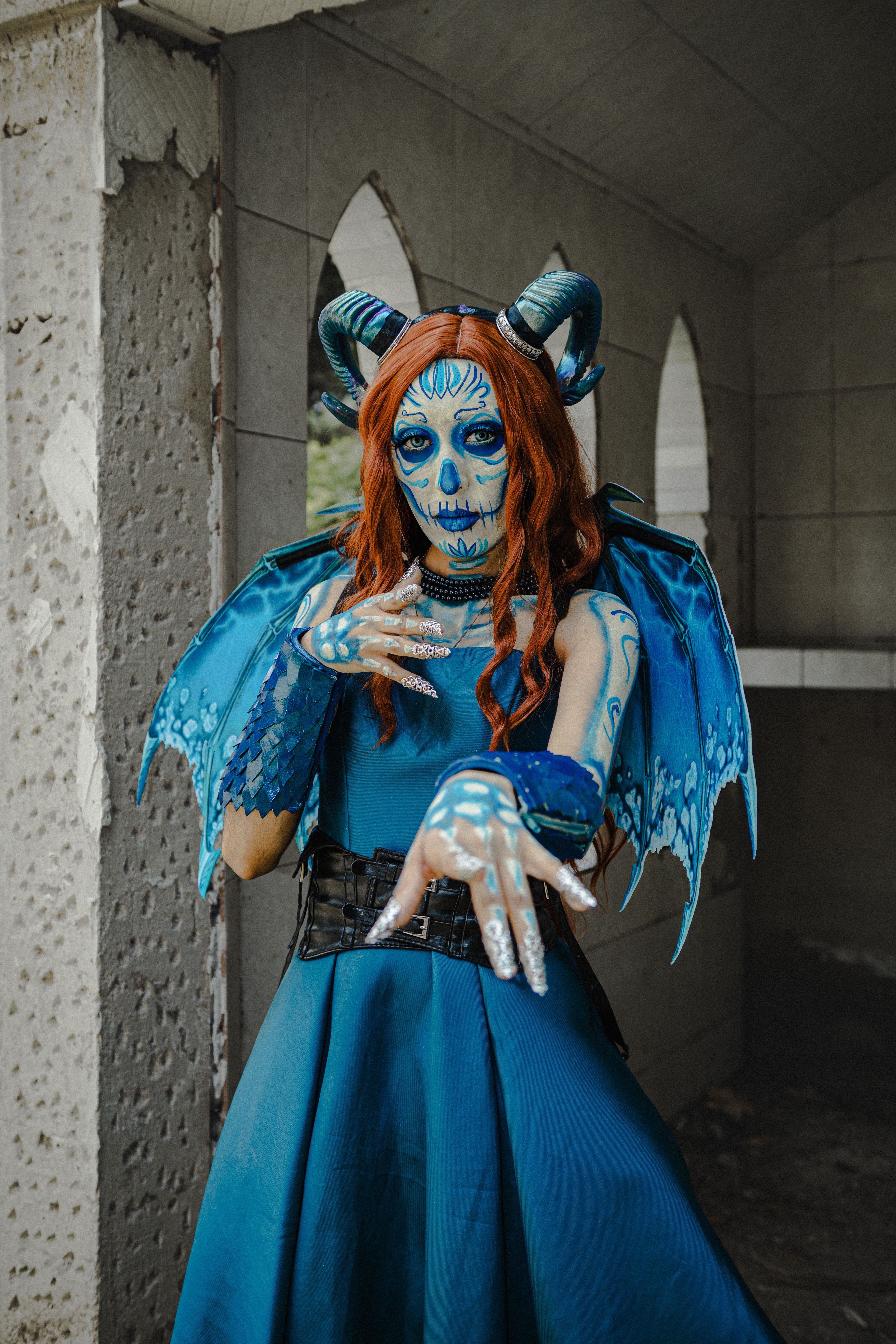 Fantasy Cosplay with Blue Demon Costume in Abandoned Building · Free ...
