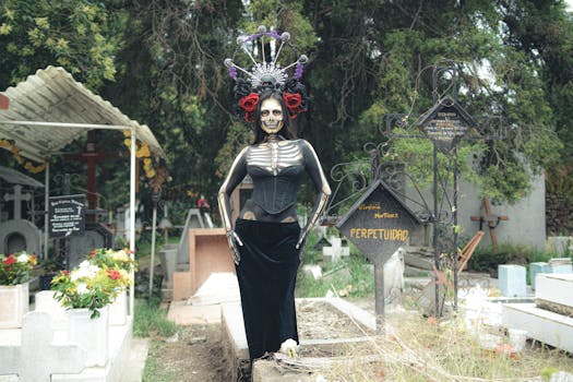 Woman dressed in Day of the Dead costume poses in a cemetery, celebrating Mexican tradition.