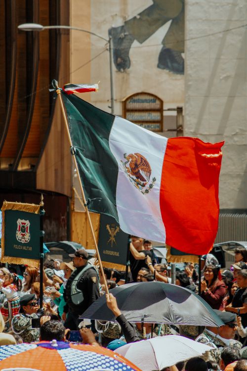 Free A colorful military parade featuring the Mexican flag in Mexico City. Stock Photo
