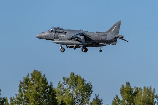A military jet hovers gracefully over a green forest with a bright blue sky backdrop in Los Llanos, Spain.