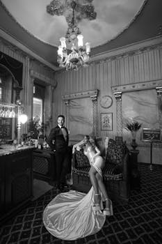 Stylish couple posing in an ornate vintage interior, İstanbul.