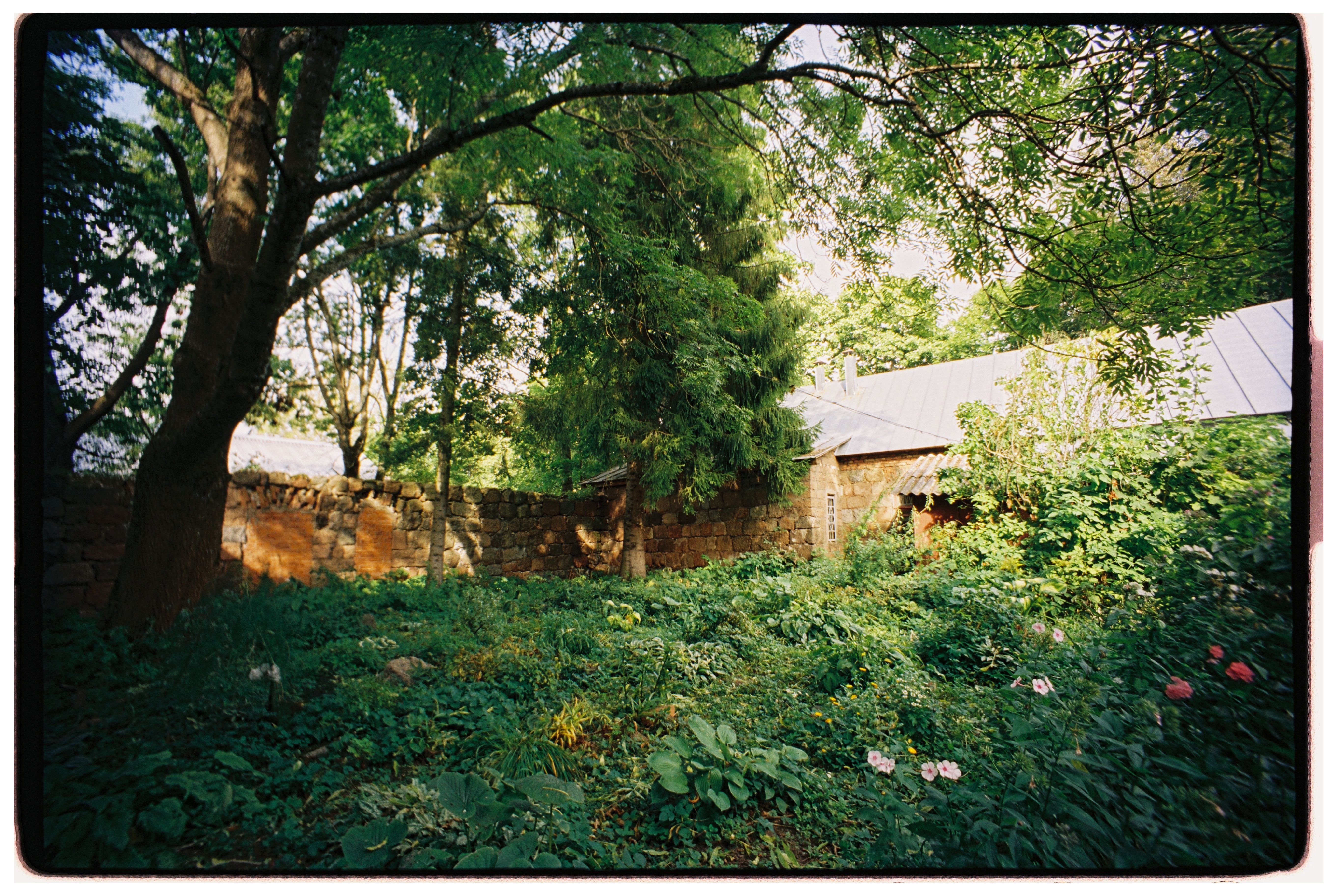 A stone cottage bedroom with a wooden bed frame, white linen and a low beamed ceiling
