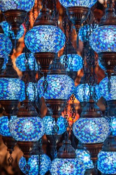 Vibrant blue mosaic lanterns create a stunning visual in an oriental market setting.