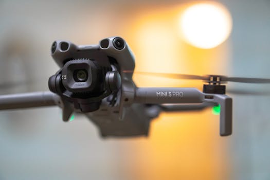 Detailed shot of a Mini 5 Pro drone in flight, highlighting its camera and propellers.