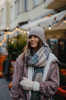 Relaxed woman in autumn attire walking outdoors, enjoying the city atmosphere.
