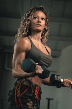 Strong athletic woman lifting dumbbells in an indoor gym.