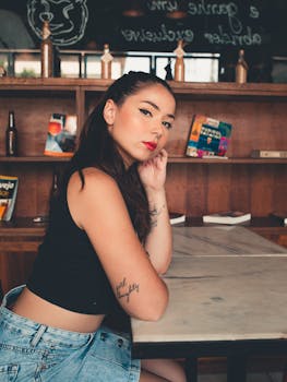 一位穿着休闲服装、纹着身的年轻女子，在咖啡桌前自信地摆着姿势