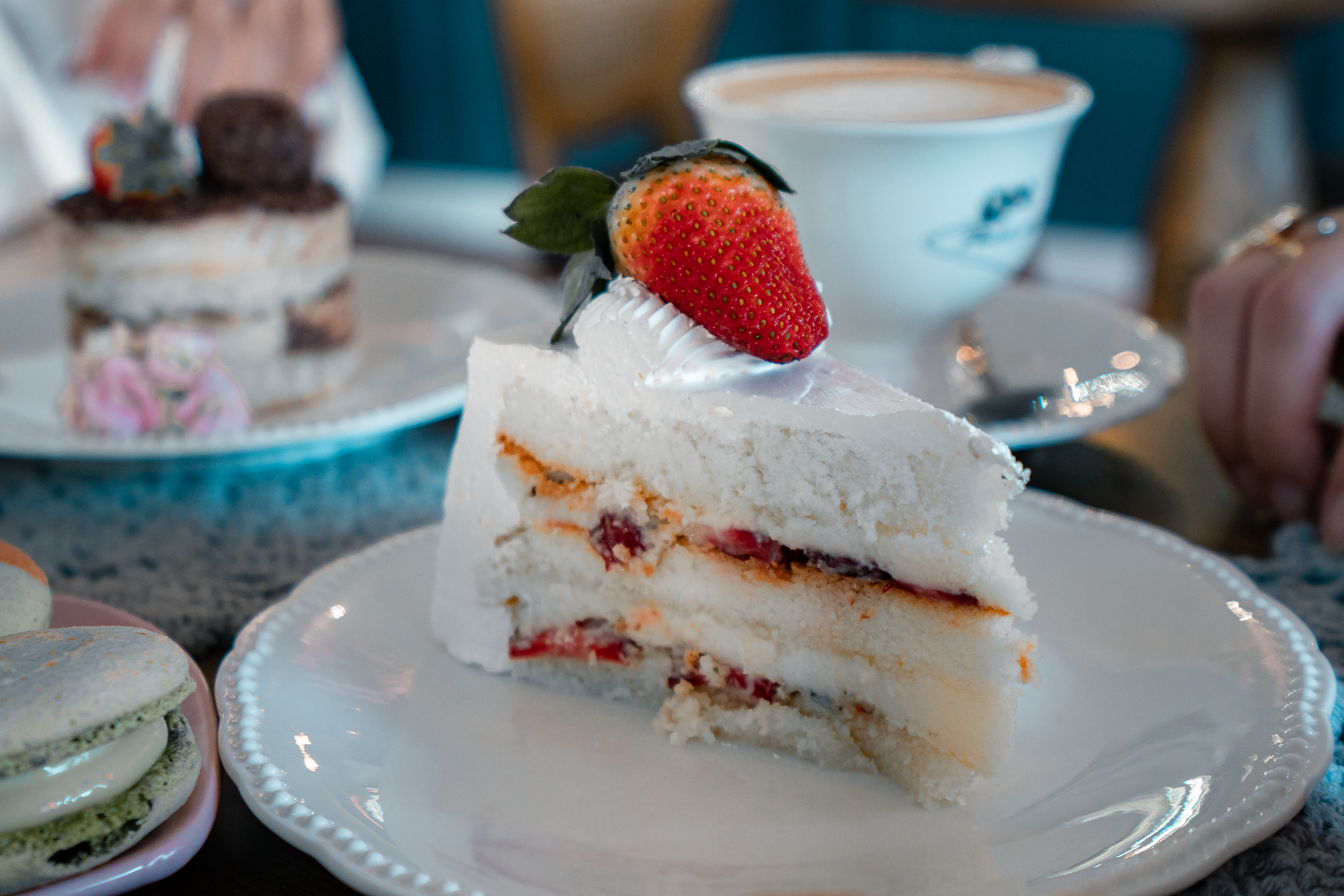 Delicious Strawberry Cake Slice with Coffee · Free Stock Photo
