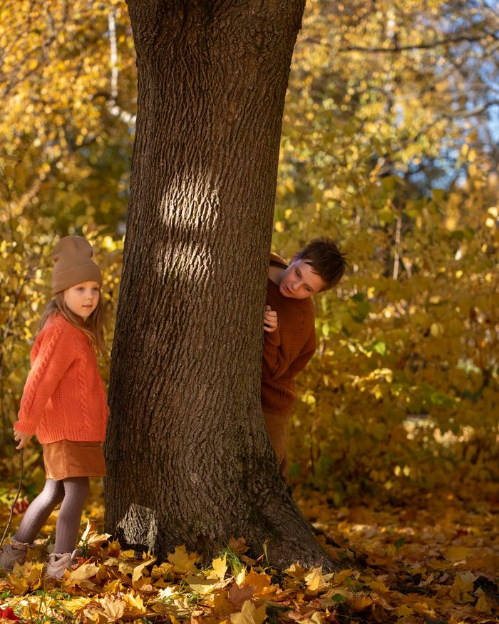 Two children playing hide and seek around a tree in autumn woods